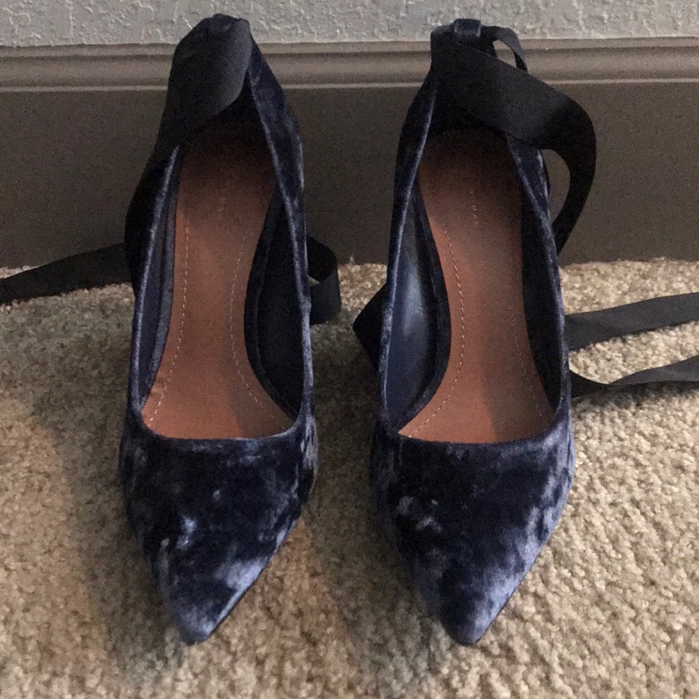 Zara Woman Blue Crushed Velvet Strap High Heels